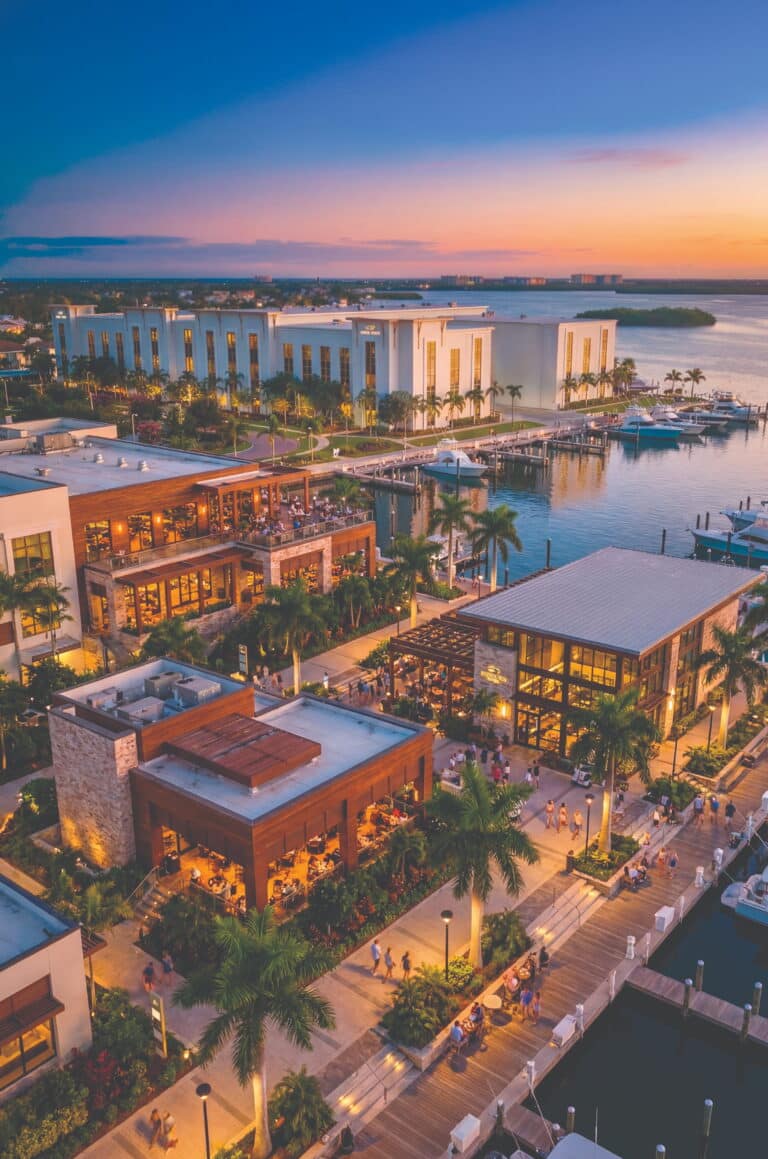 Aerial view of marina at sunset