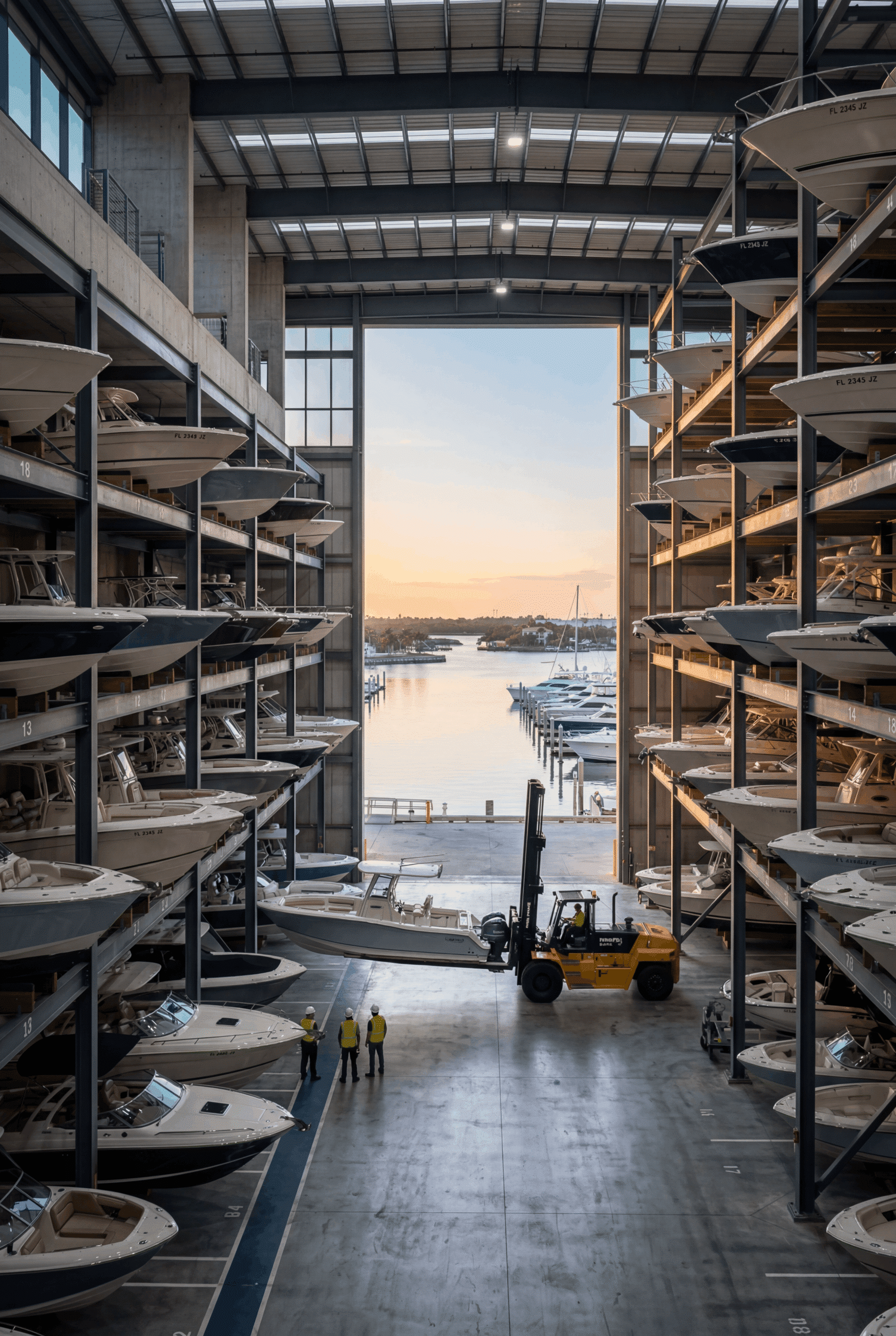A spacious warehouse filled with various boats, showcasing a range of sizes and types.