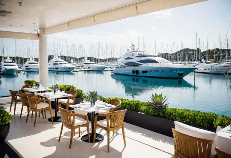 A waterfront restaurant featuring tables and chairs set up on a deck overlooking the water.