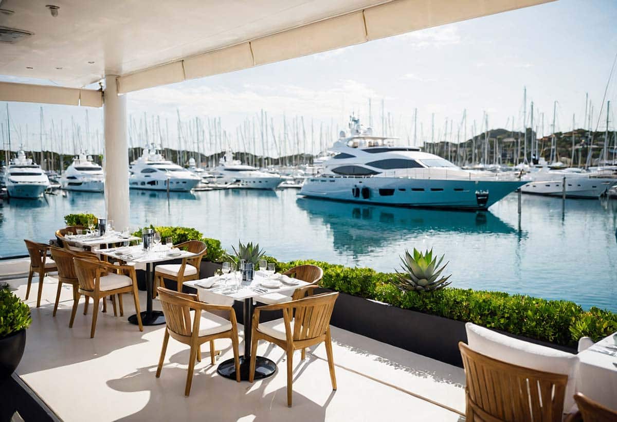 A waterfront restaurant featuring tables and chairs set up on a deck overlooking the water.