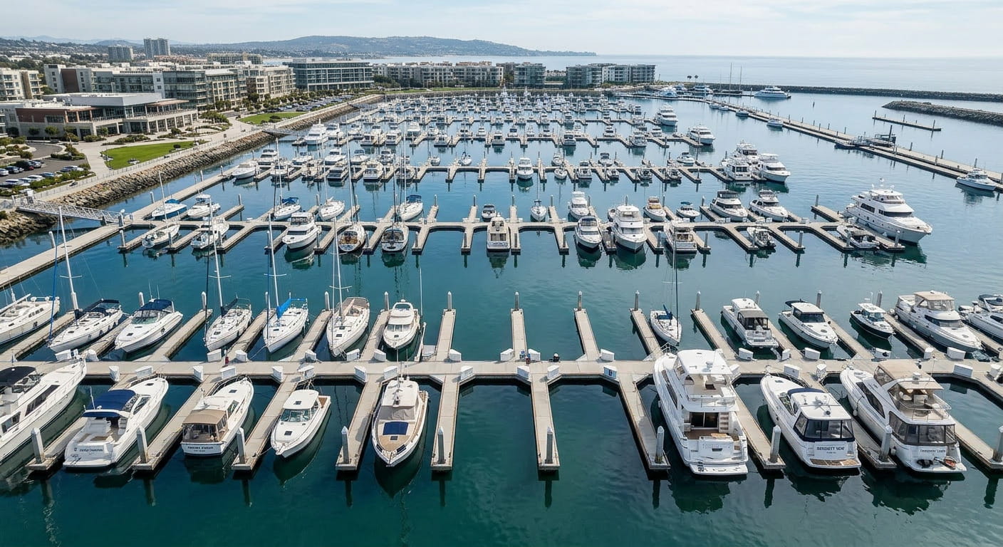 A marina filled with various boats docked peacefully along the water's edge under a clear blue sky.